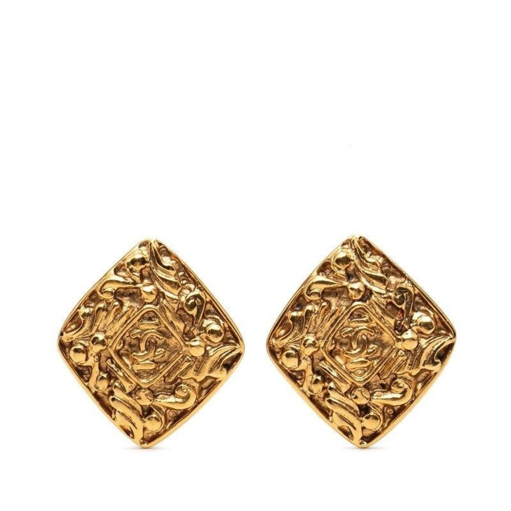 Chanel CC Logo Rhombus Plated Earrings Gold